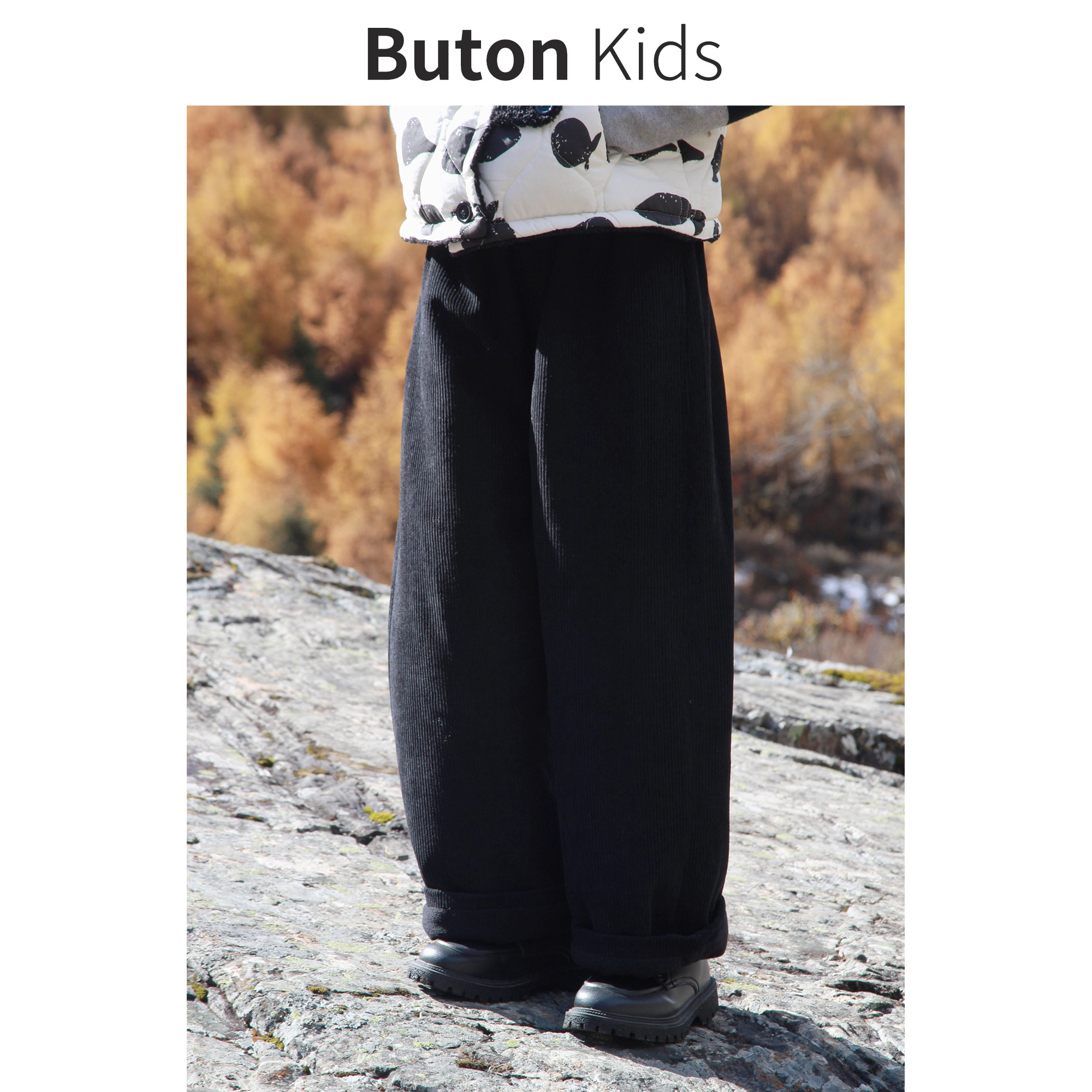 女童黑色加绒灯芯绒阔腿裤