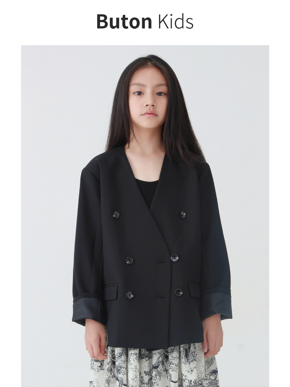 BUTON KIDS 수제 소녀 더블 브레스트 슈트 재킷 가을 칼라리스 딥 V 디자인 블랙 슈트
