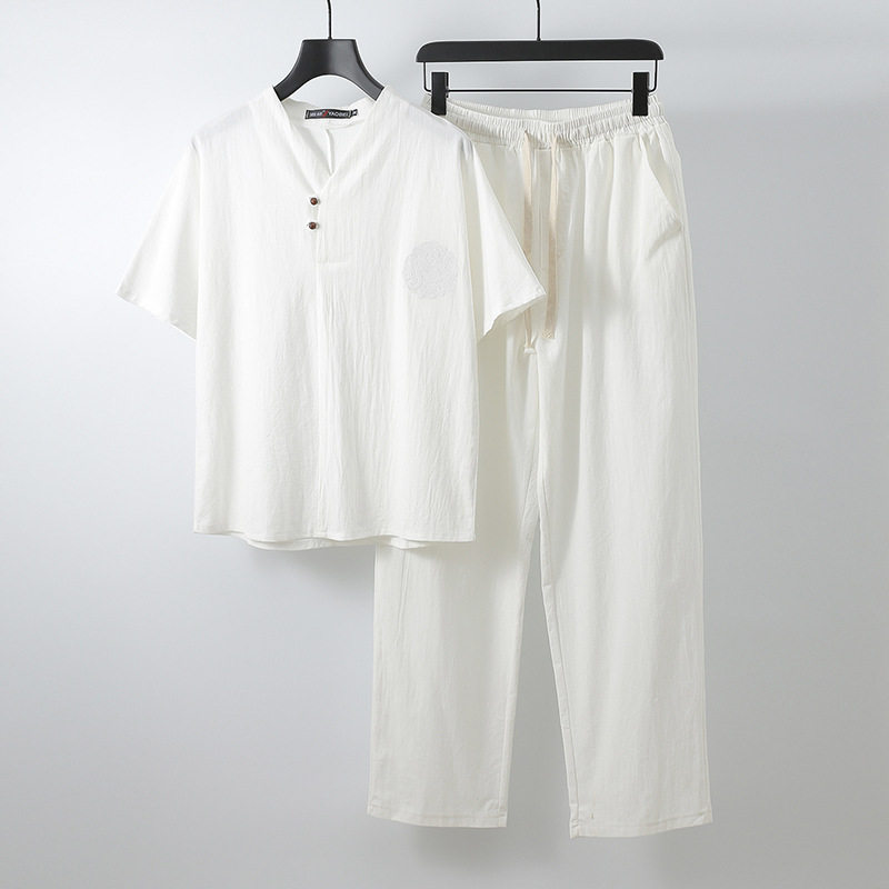 夏季大码男装汉服两件套加肥加大棉麻短袖套装唐装爸爸装太极服潮