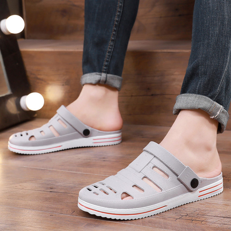 男士包头凉鞋夏季新款平跟软底防滑耐磨镂空户外涉水两穿洞洞鞋潮