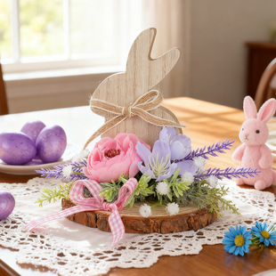 复活节花艺木质兔子装饰仿真花格纹丝带家居客厅节日装饰小摆件