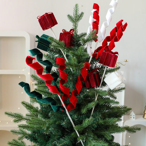 Christmas红绿毛茸绒布卷曲卷花插枝圣诞节装饰品摆件圣诞树礼物