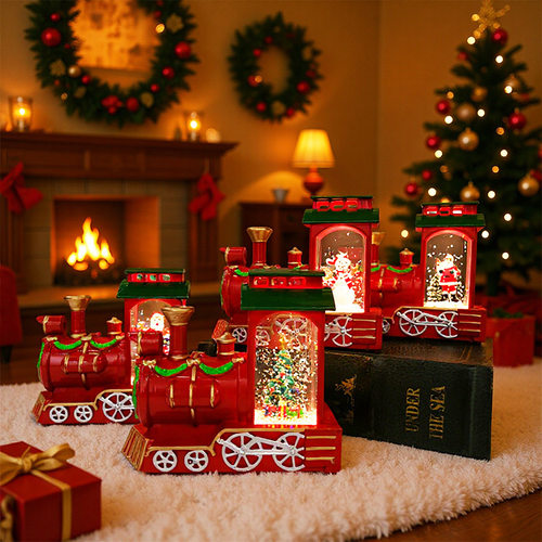 Christmas圣诞节装饰品复古发光圣诞老人小火车创意摆件拍摄道具