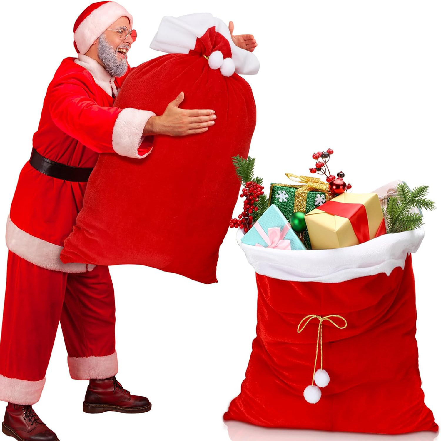 Christmas圣诞袜子礼物袋毛绒边毛球圣诞背包大号派对装饰糖果袋