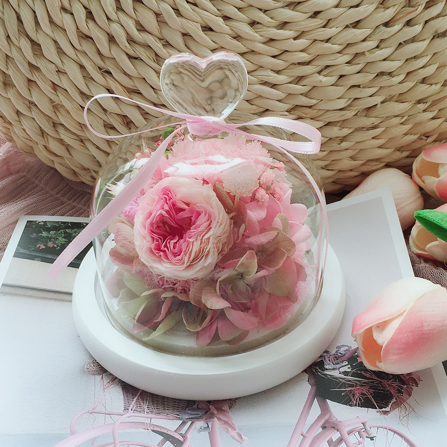 永生花礼盒玻璃罩车载红色玫瑰花情人节七夕生日礼物保鲜花送女友