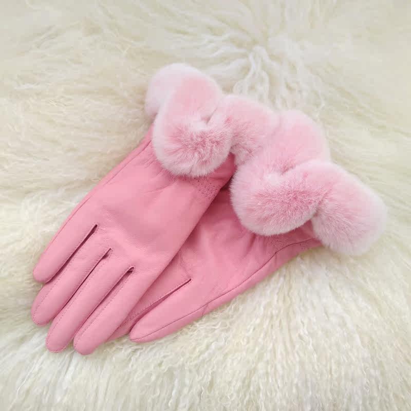 美美哒皮手套加绒保暖防寒女白色羊皮獭兔毛手套粉色真皮真毛多色