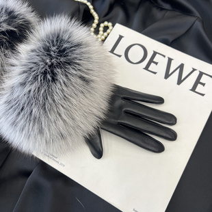 保暖 超大狐狸毛可触屏手套冬季 贵妇级 高端皮手套女西班牙山羊皮