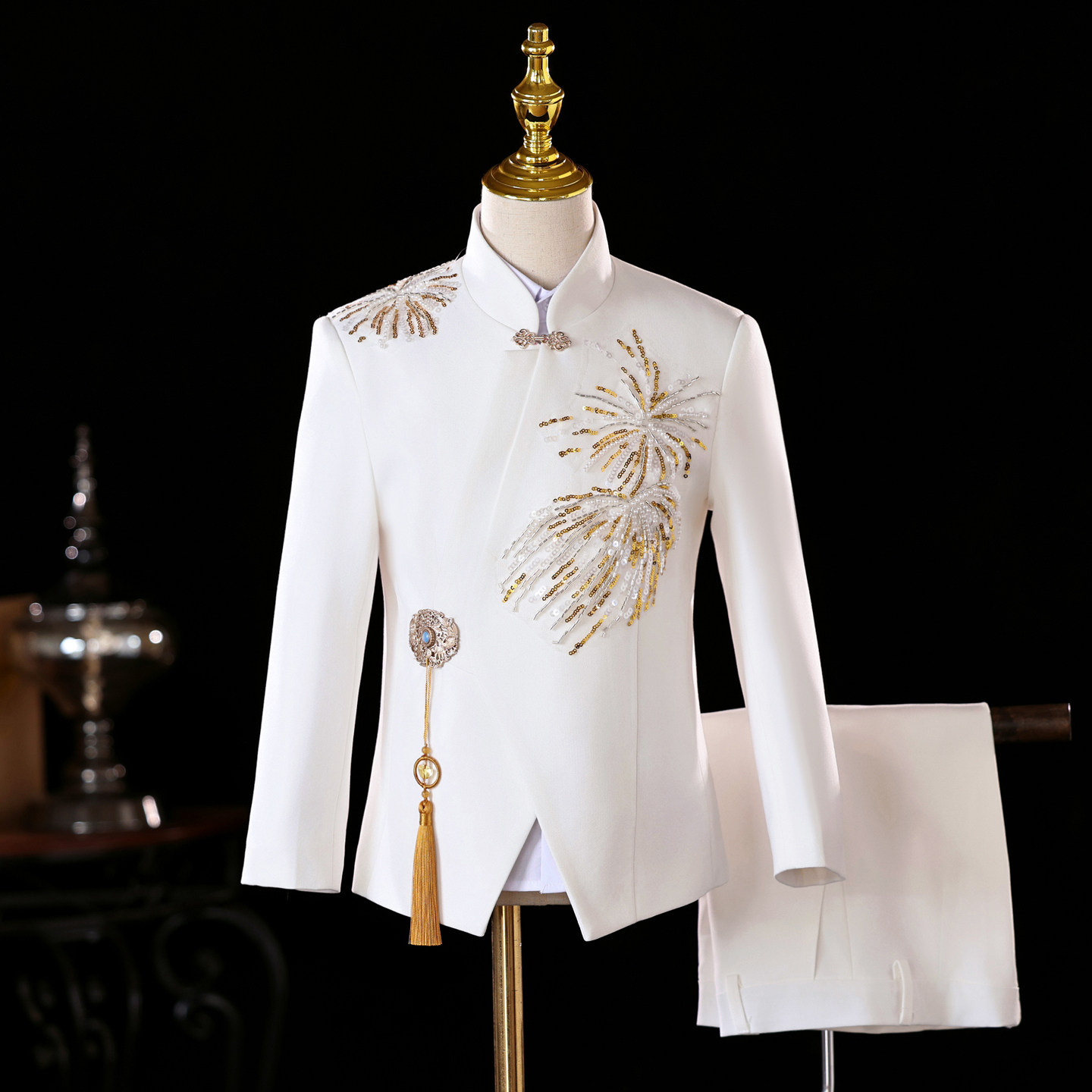 男童西装高级感新中式朗诵主持人礼服白色中大童男孩演出服中国风