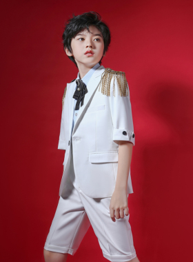 男童短袖西服白色舞台走秀西装花童生日礼服主持人钢琴演出服秋季