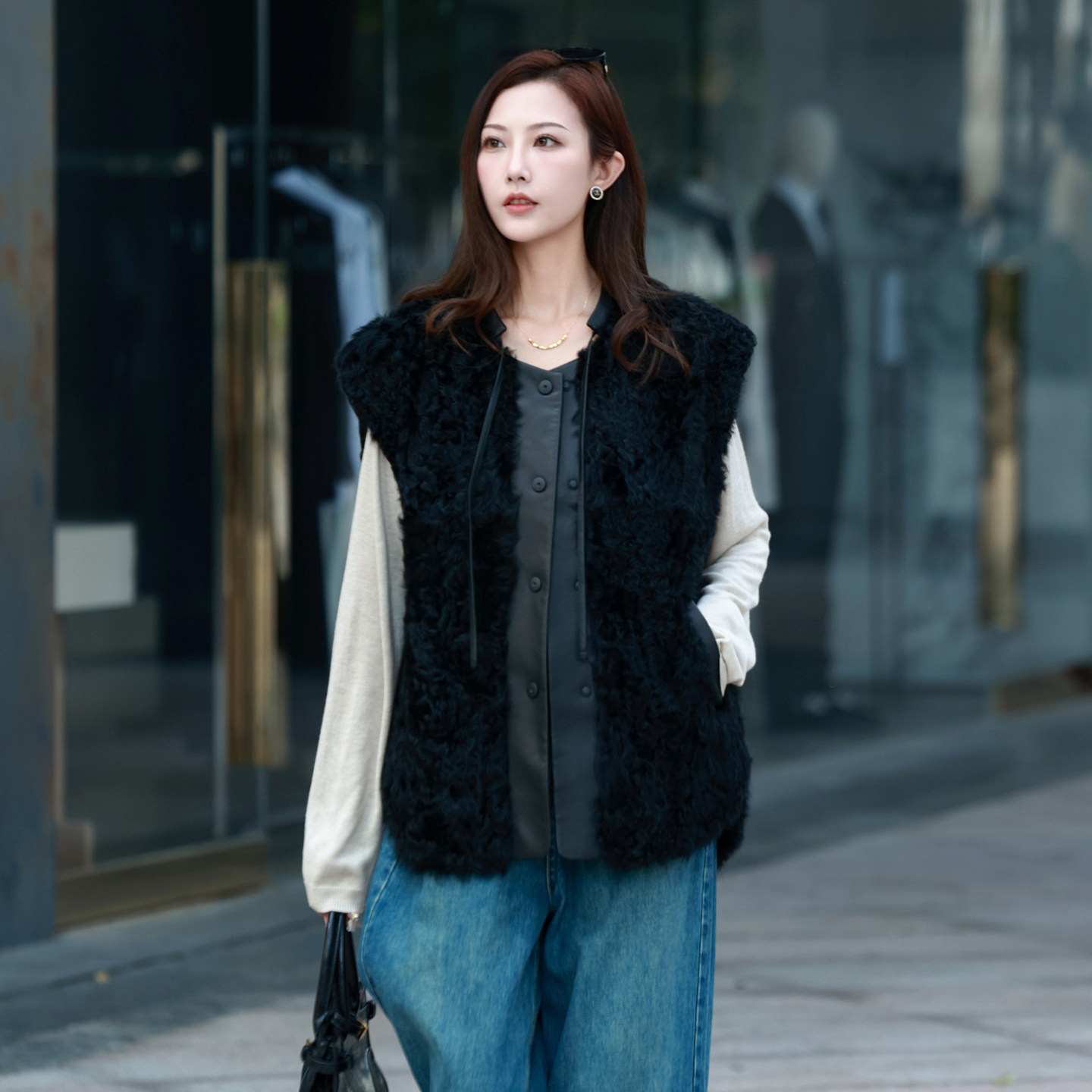 小湖羊真皮毛一体皮草马甲外套女