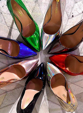 黑色尖头单鞋浅口金色镭射蓝色高跟鞋女特细跟绿色漆皮绝美大码41