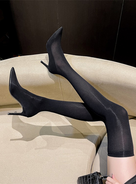 单靴子女长筒靴丝袜过膝细跟弹力骑士超高跟鞋尖头一体大码恨天高