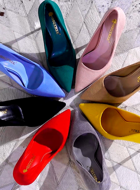 蓝色高跟鞋女新款细跟气质尖头单鞋黑色性感绒面绿色婚鞋大码女鞋