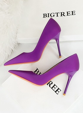 紫色绿色浅口性感玫红色高跟鞋女2024新款春秋尖头气质单鞋女10cm