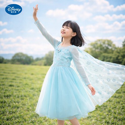 正版艾莎公主裙迪士尼冰雪奇缘儿童连衣裙薄纱长袖裙六一表演礼服