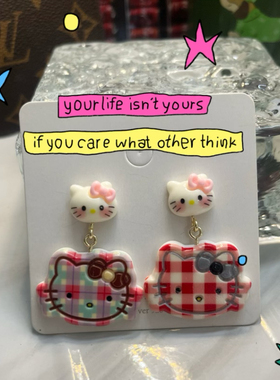 原创手工制作可爱格纹KT猫耳钉925银针甜品美食搞怪蚊香耳夹ins风