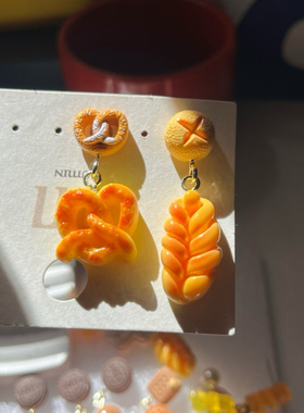 原创趣味搞怪烘焙编织面包耳环卡通少女甜美可颂碱水结耳夹蚊香