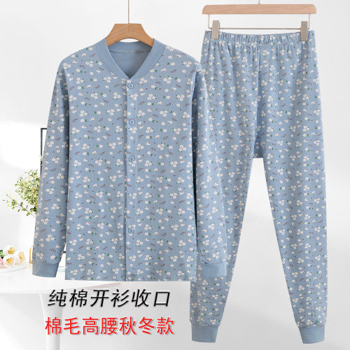 中老年女纯棉开衫秋衣秋裤套装