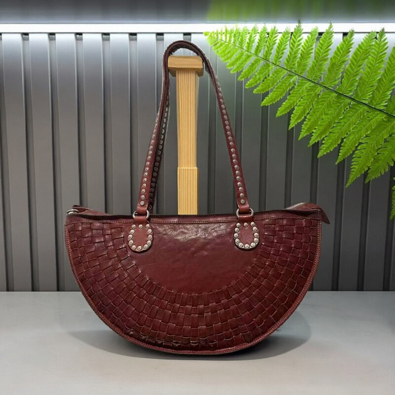 意大利植鞣头层原牛皮半圆包铆钉手工编织单肩斜挎包托特包