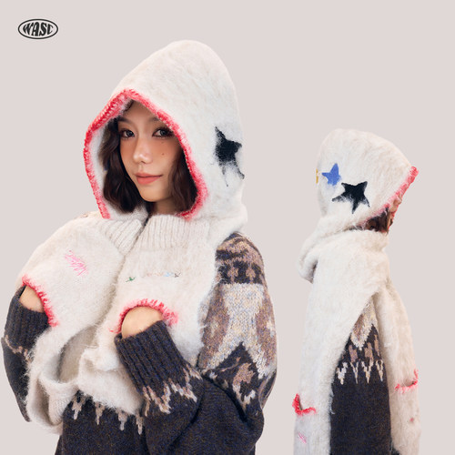 秋冬星星巴拉克拉法帽子女款保暖防寒一体套头毛绒针织护耳雷锋帽