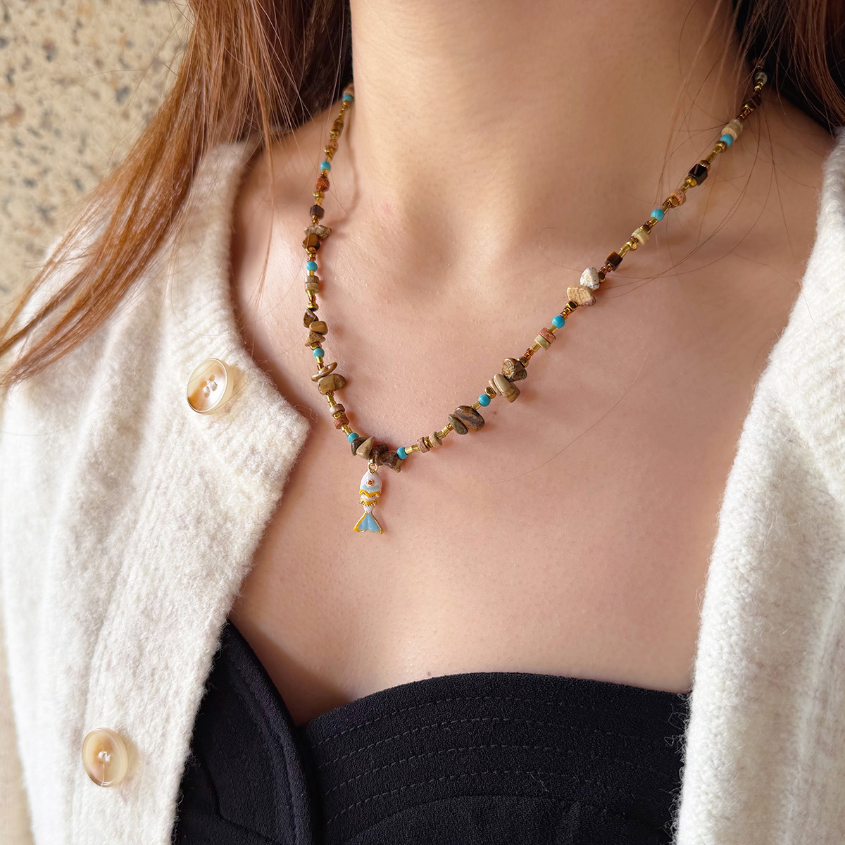 复古天然图画石几何小鱼钛钢项链美拉德风锁骨链个性小众设计感