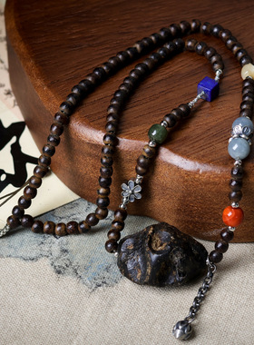 原创设计虫漏沉香木项链文玩青金