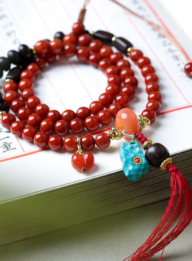 手工串制南红玛瑙项链复古仿松石