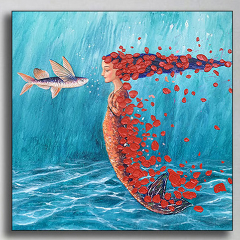 原创设计 美人鱼手绘作品挂画油画 家用现货装饰画