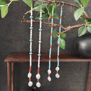 [思澜]原创设计巴洛克珍珠超长耳环古典国风耳饰绿松白蝶贝耳坠