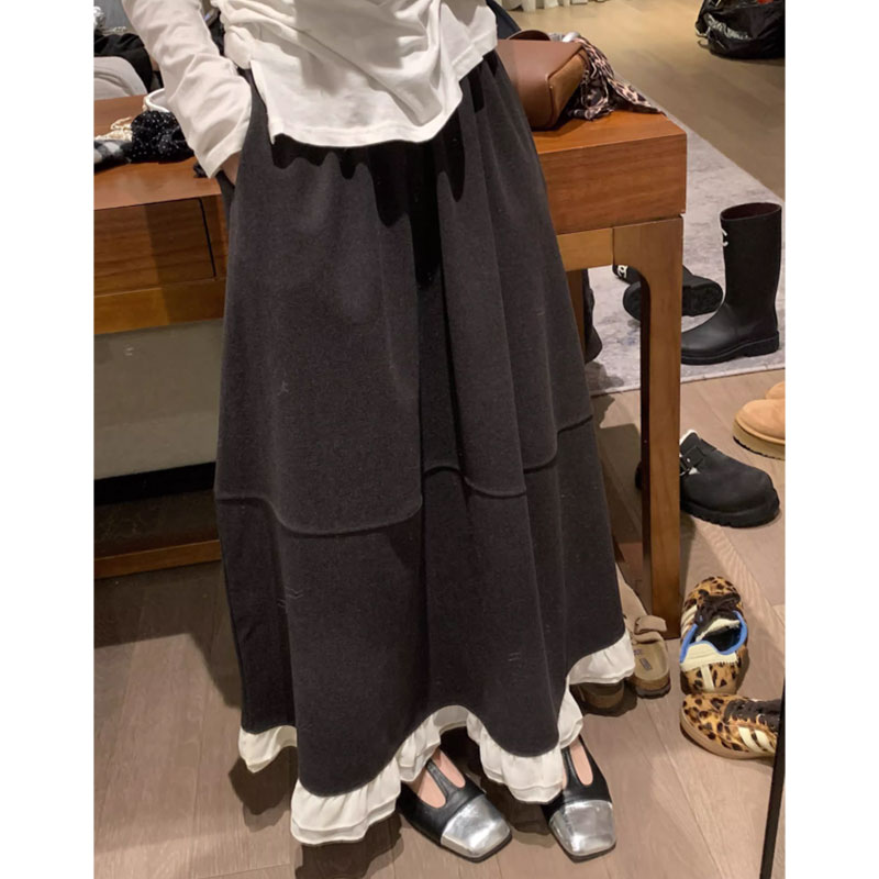 孕妇半身裙秋冬季厚毛呢花边无托腹可调节蕾丝花边拼接A字长裙子