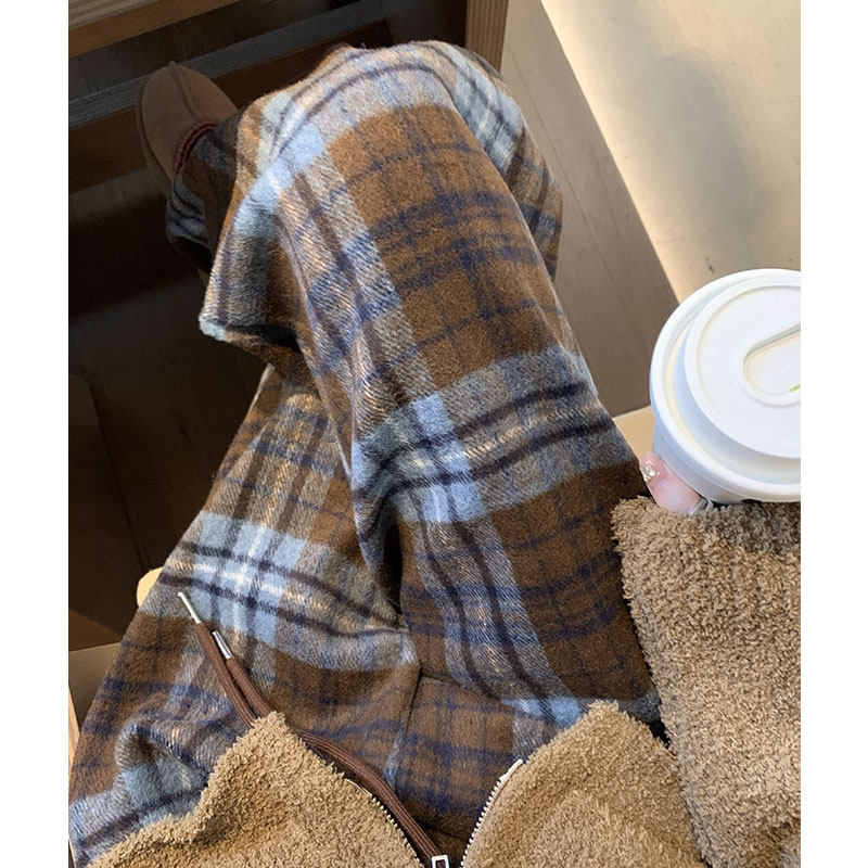 蓝色孕妇格子阔腿裤加绒加厚休闲显瘦复古毛呢托腹裤子直筒拖地裤