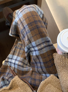 蓝色孕妇格子阔腿裤加绒加厚休闲显瘦复古毛呢托腹裤子直筒拖地裤