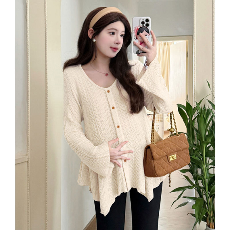 孕妇装新款V领长袖针织衫时尚穿搭不规则喇叭袖收腰显瘦孕妇上衣