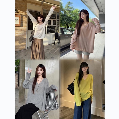 孕妇上衣秋季早秋外穿罩衫v领宽松长袖慵懒感t恤软糯打底针织衫女