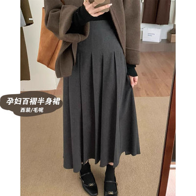 孕妇西装半身裙中长款外穿秋冬季显瘦加厚毛呢百褶裙A黑色字长裙