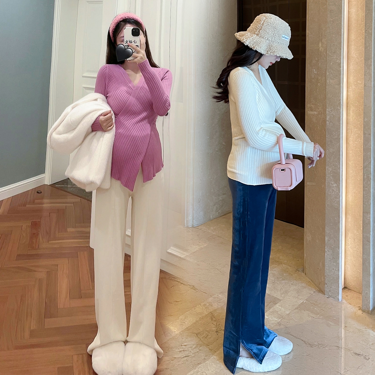 임부복 봄 가을 디자인 상의 긴팔 밑단 셔츠 밀착되는 가을 겨울 고탄성 크로스오버 브이넥 니트 스웨터