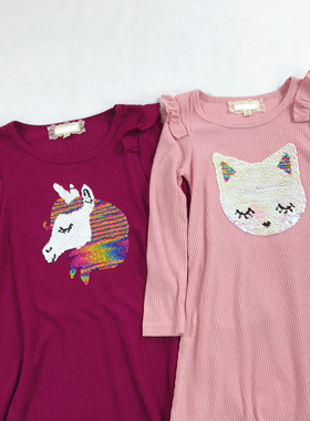 4-16岁外贸欧美女孩中大童针织bilingbiling小猫长袖连衣裙春秋