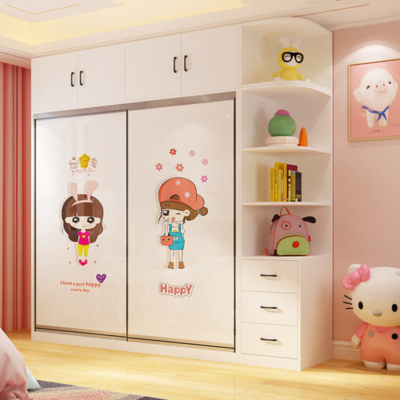 儿童衣柜女孩推拉门现代2门滑移门带顶柜卧室整体儿童房公主衣橱