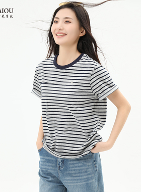 时髦条纹通勤T恤女套头短袖圆领灰色宽松休闲百搭亲肤透气棉上衣
