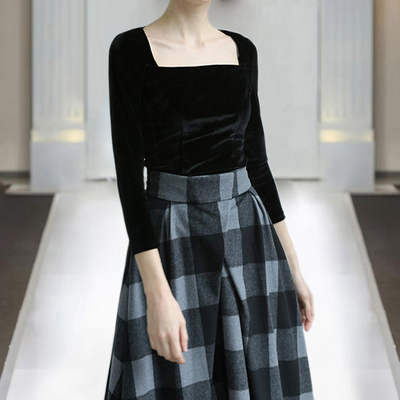 方领上衣修身长袖欧美常规天鹅绒