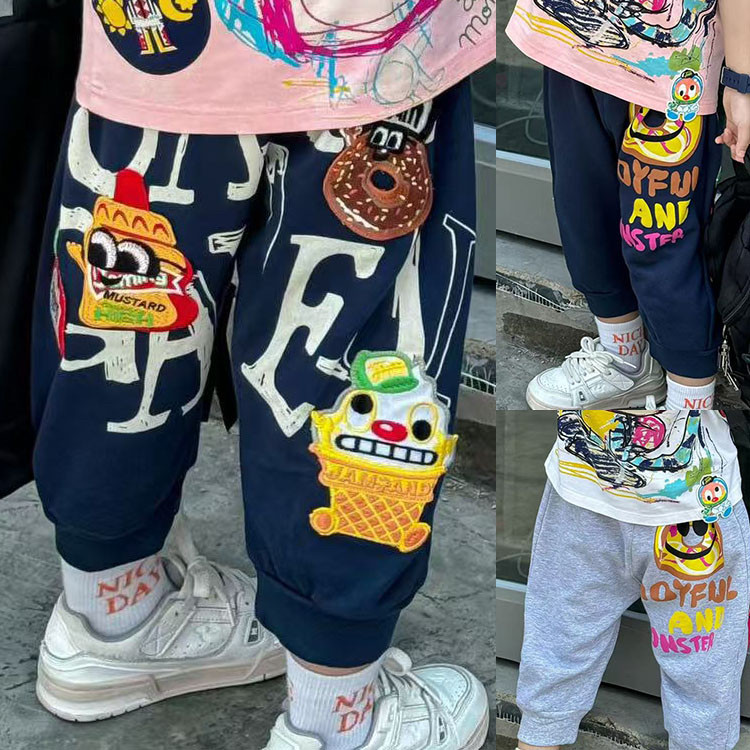 mijello25夏款 儿童jam果酱甜甜圈贴布章仔七分裤 男女童休闲裤子