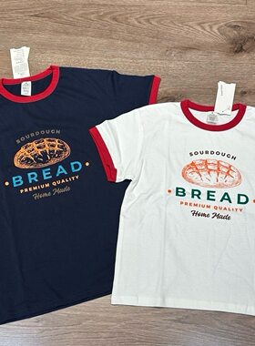 复古Sourdough面包印花儿童插肩短袖T恤宽松圆领男女宝宝休闲上衣