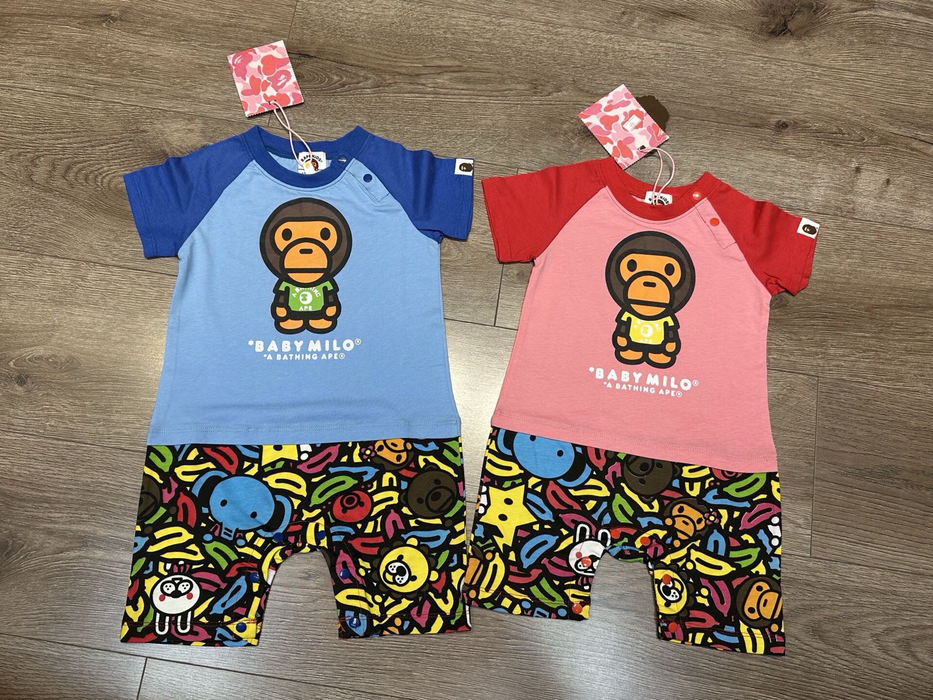 日系潮牌BABY 拼色连体衣 宝宝插肩袖哈衣 卡通满印纯棉爬服