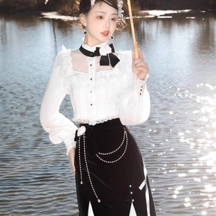 原创未名诗Lolita洋装宫廷复古立领衬衫蕾丝羊腿袖长袖内搭洛丽塔