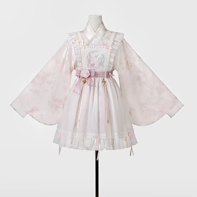 白桃春事粉色罩裙连衣裙汉洋折衷套装中华娘Lolita国风洛丽塔少女