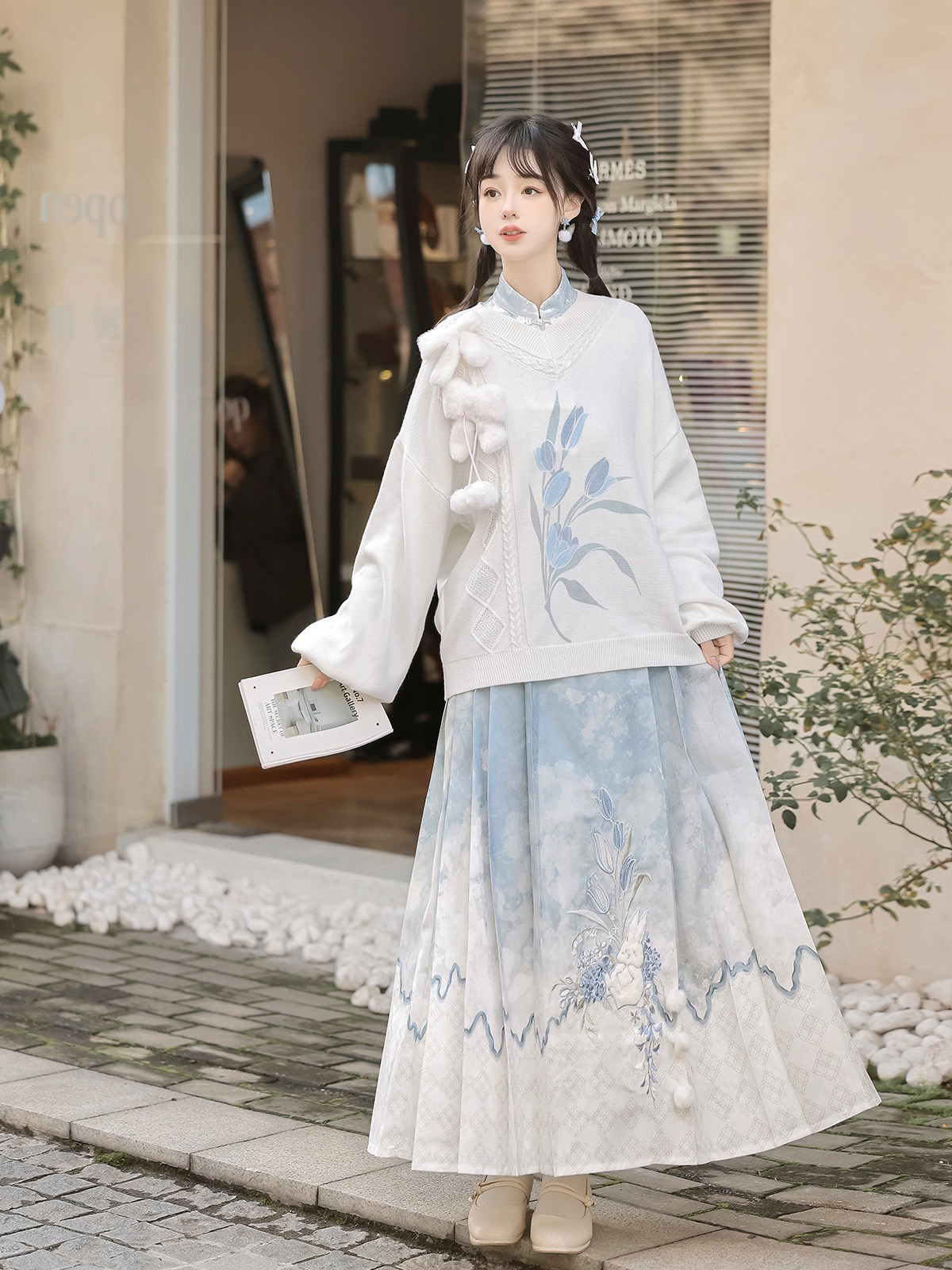 花与兔兔原创新中式毛衣衬衫半裙汉元素国风日常通勤马面裙针织