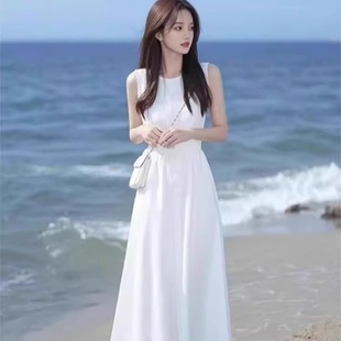 高级感收腰显瘦背心a字中长裙 法式 气质白色无袖 连衣裙女夏季 新款