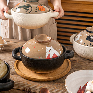2.2L明火砂锅双耳家用创意手绘盖子汤碗双用煲仔饭一人食小砂锅