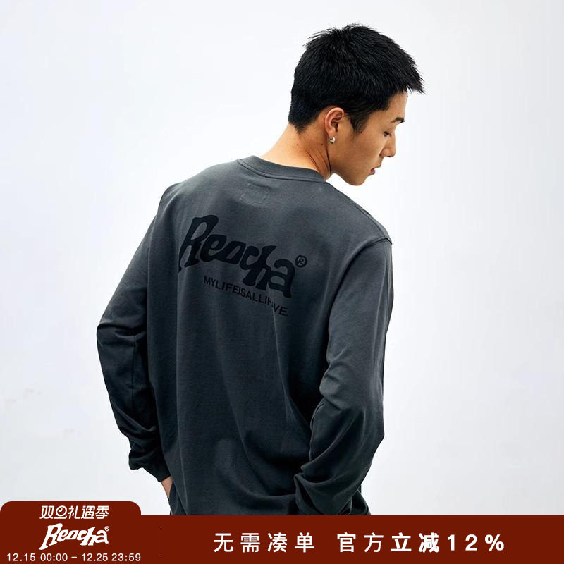 REOCHA热呈秋季印花美式长袖T恤国潮廓形纯棉重磅圆领情侣宽松男