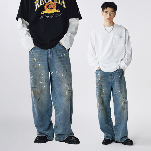 休闲时尚潮牌做旧牛仔裤REOCHA